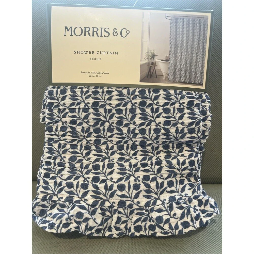 Morris & Co. Rosehip Shower Curtain Dark Blue White Cotton Gauze Ruffled Trim